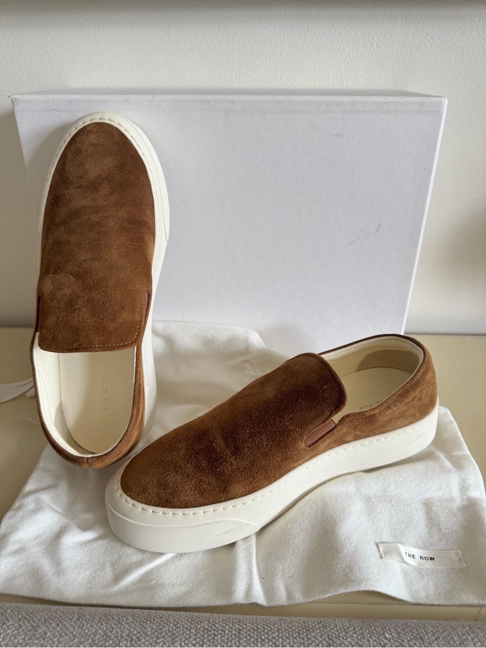 The Row Marie H suede sneaker in caramel (fits 6.5)